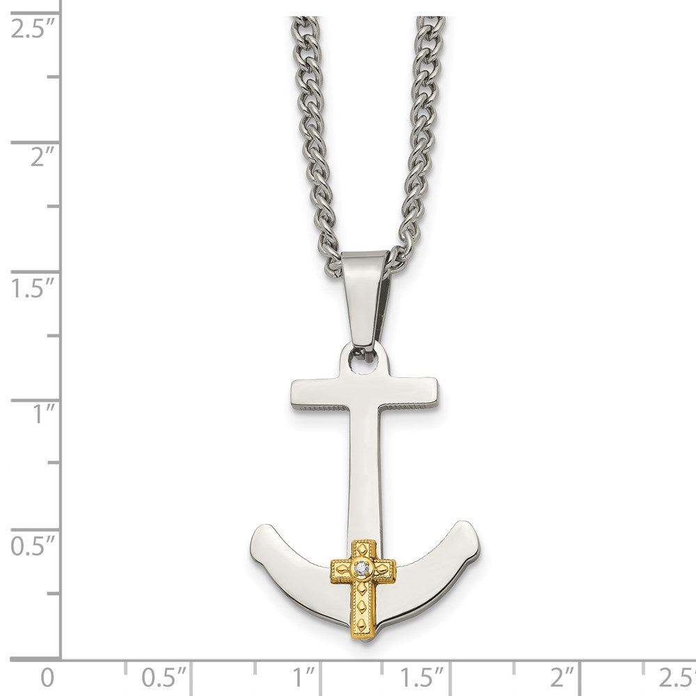 Alternate view of the Stainless Steel 14k Yellow Gold & Diamond Anchor Cross Necklace, 24 In by The Black Bow Jewelry Co.