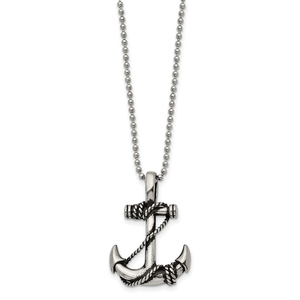 Alternate view of the Stainless Steel Antiqued 3D Anchor Necklace, 22 Inch by The Black Bow Jewelry Co.