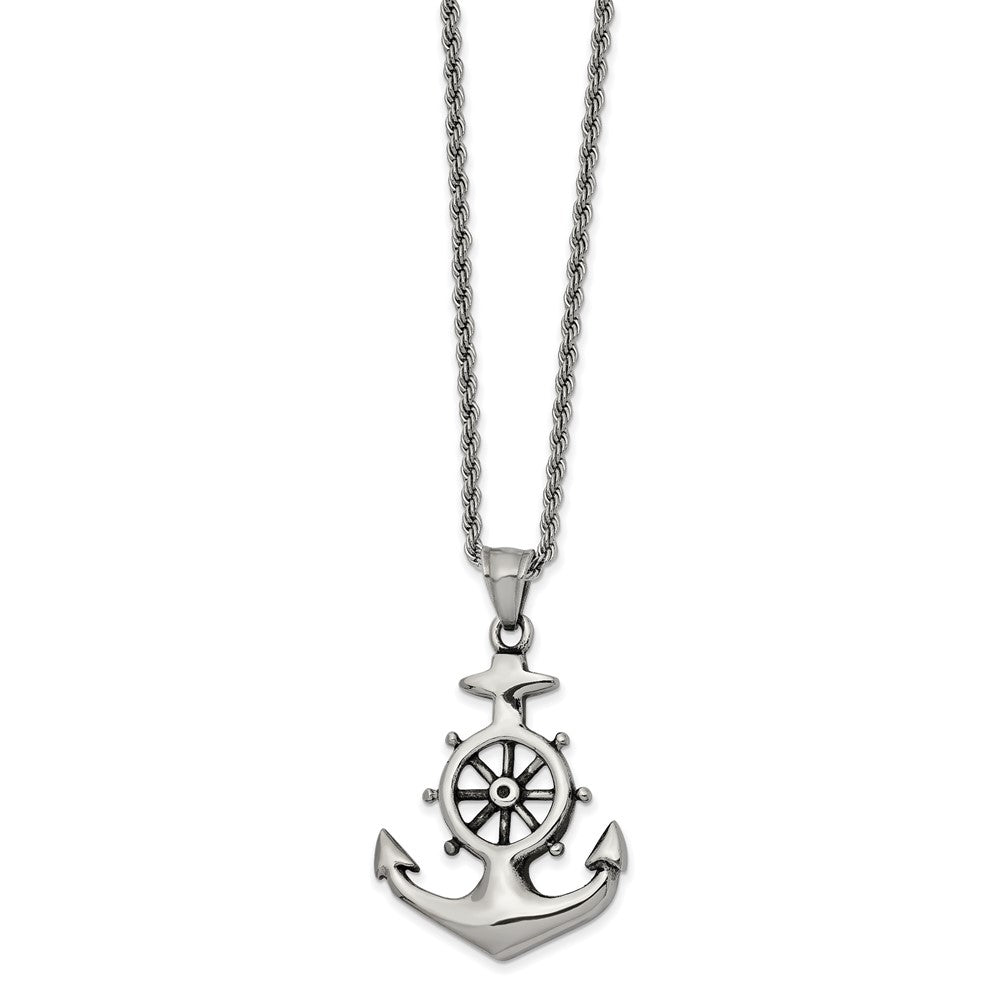 Men's Stainless Steel Antiqued Anchor & Wheel Necklace, 24 Inch, Item N23300 by The Black Bow Jewelry Co.