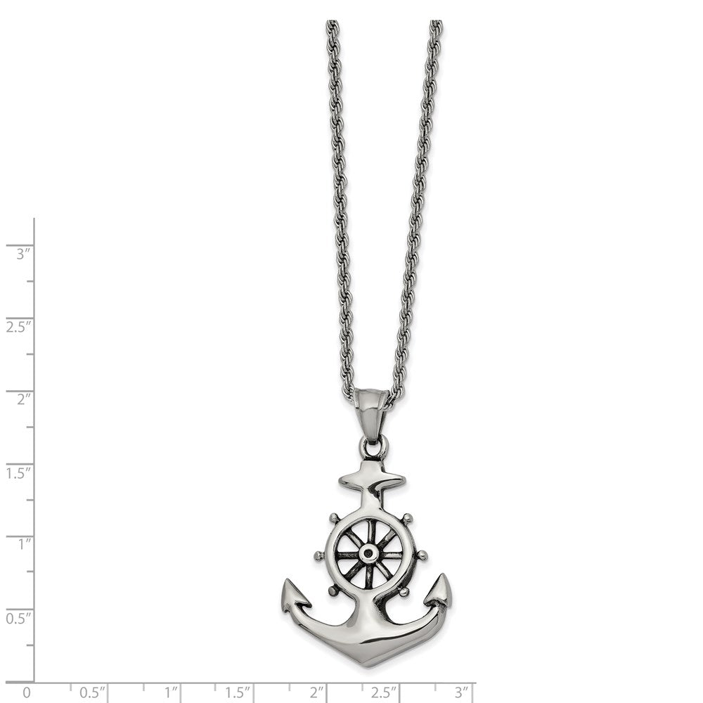 Alternate view of the Men's Stainless Steel Antiqued Anchor & Wheel Necklace, 24 Inch by The Black Bow Jewelry Co.