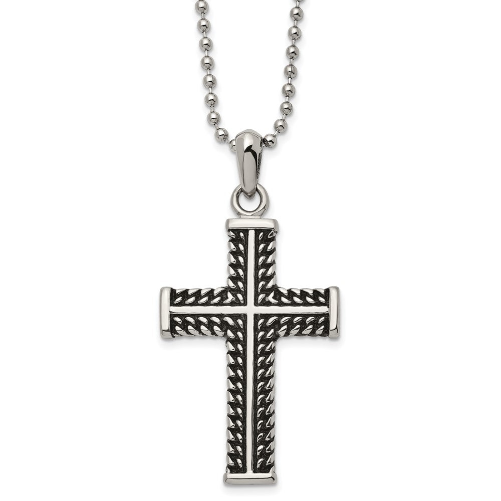Men's Stainless Steel Antiqued and Polished Cross Necklace, 22 Inch, Item N23302 by The Black Bow Jewelry Co.