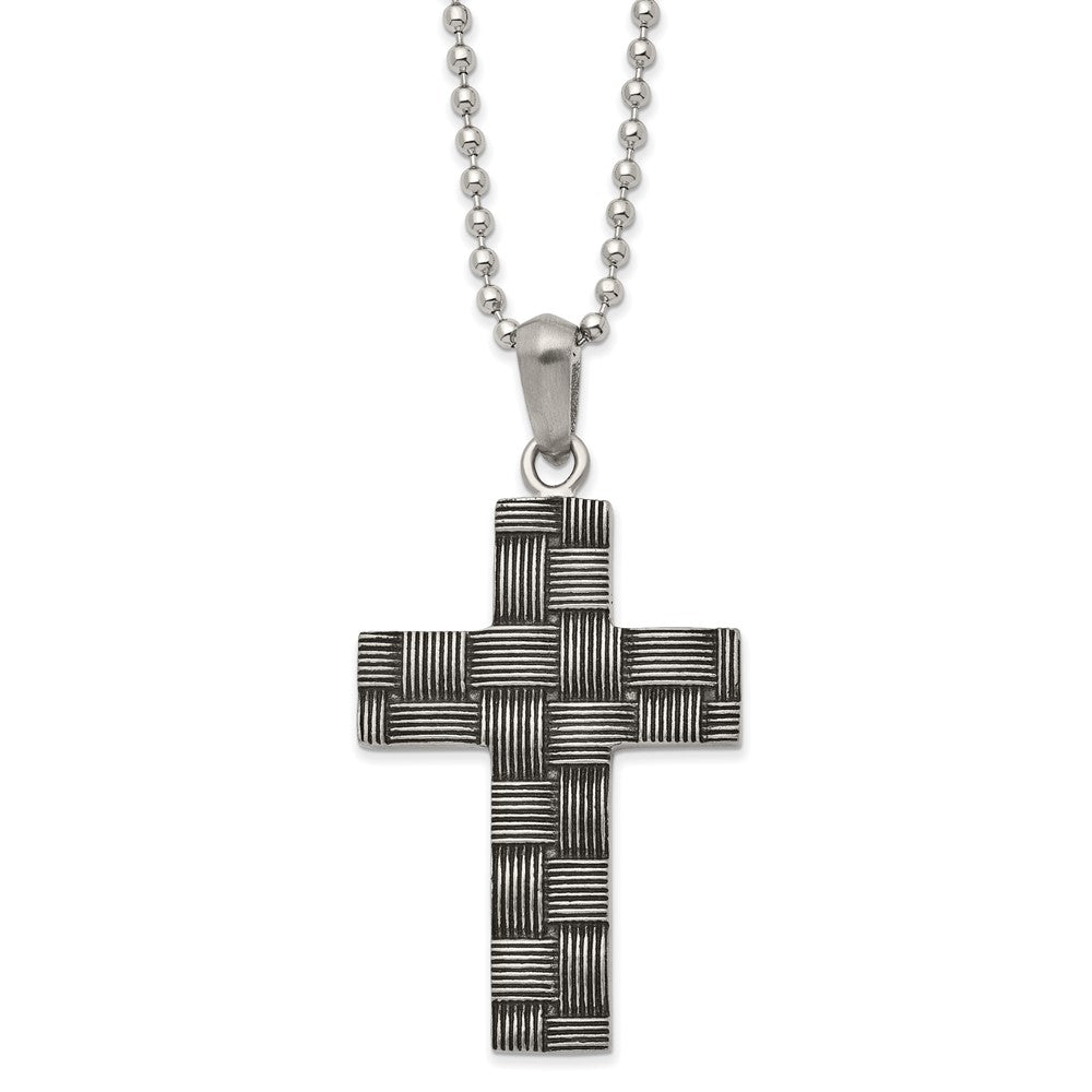 Men's Stainless Steel Antiqued Basket Weave Cross Necklace, 22 Inch, Item N23303 by The Black Bow Jewelry Co.