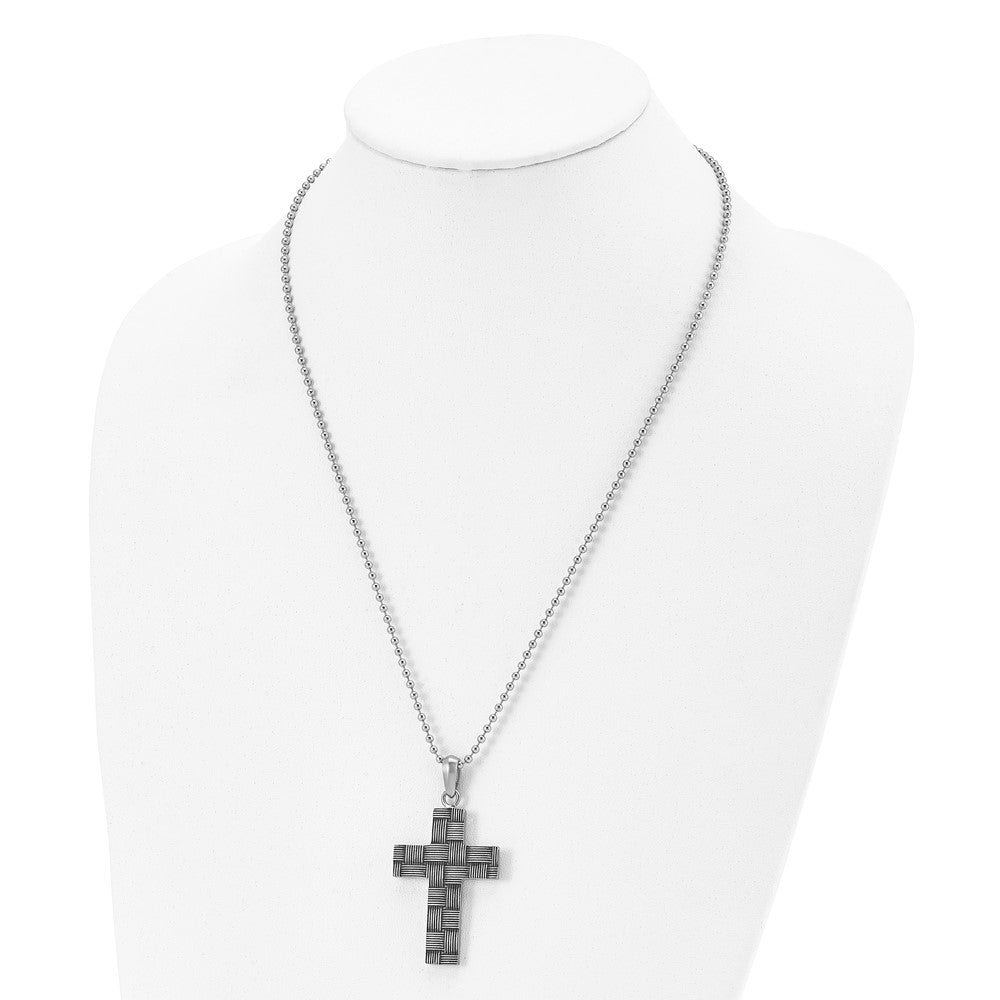 Alternate view of the Men's Stainless Steel Antiqued Basket Weave Cross Necklace, 22 Inch by The Black Bow Jewelry Co.