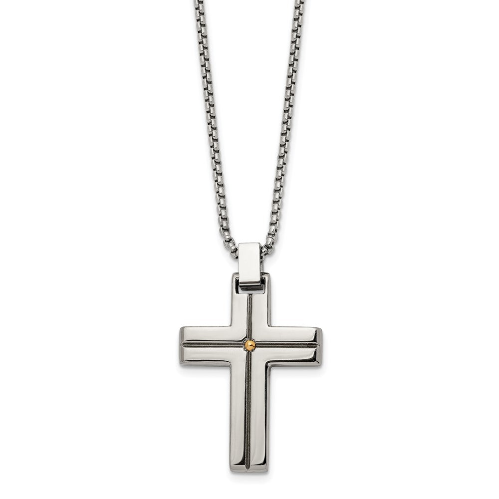 Men's Stainless Steel & Gold Tone Grooved Cross Necklace, 19.5 Inch, Item N23305 by The Black Bow Jewelry Co.