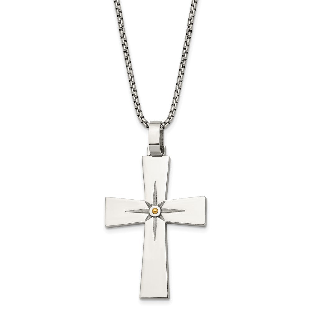 Men's Stainless Steel & Gold Tone North Star Cross Necklace, 24 Inch, Item N23306 by The Black Bow Jewelry Co.