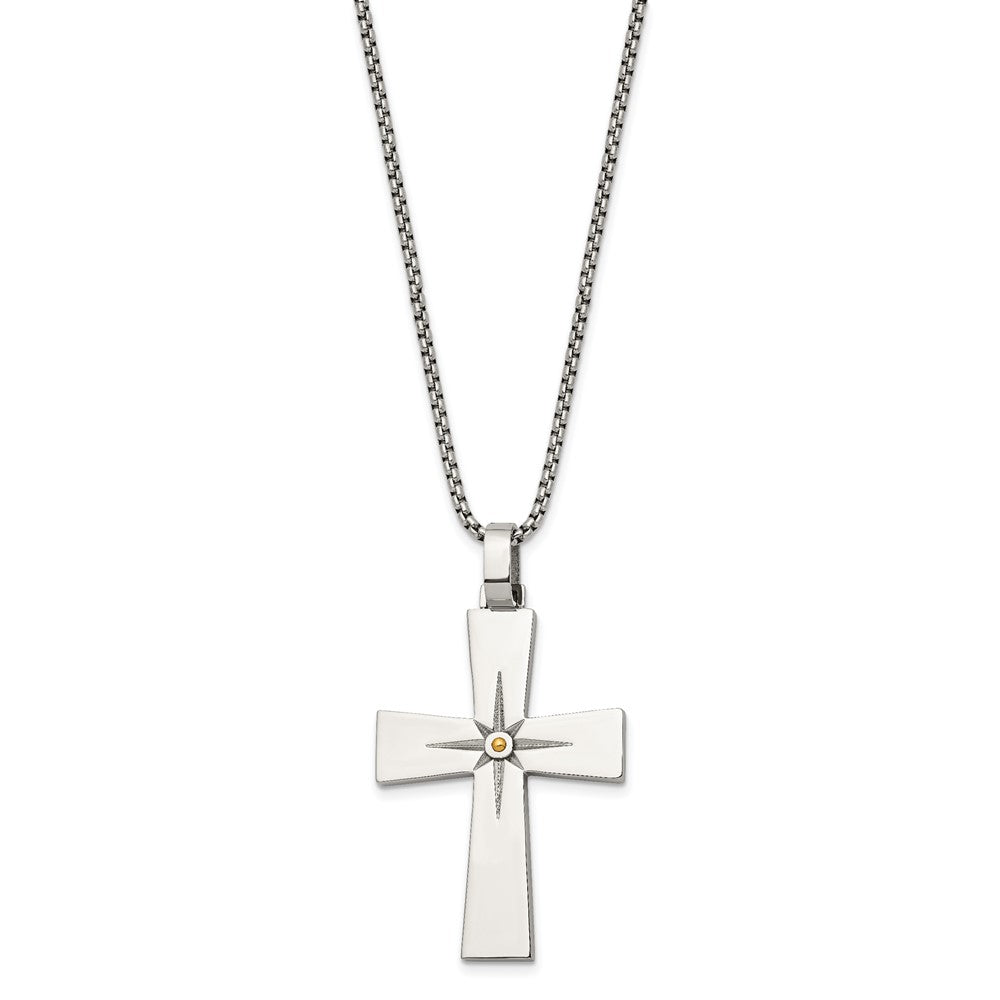 Alternate view of the Men's Stainless Steel & Gold Tone North Star Cross Necklace, 24 Inch by The Black Bow Jewelry Co.