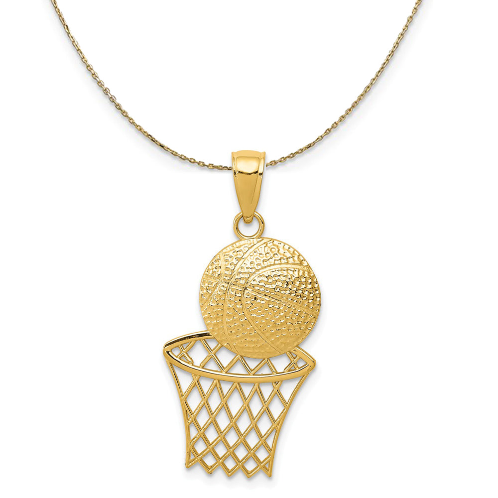 14k Yellow Gold Diamond Cut Basketball and Net Necklace, Item N23329 by The Black Bow Jewelry Co.
