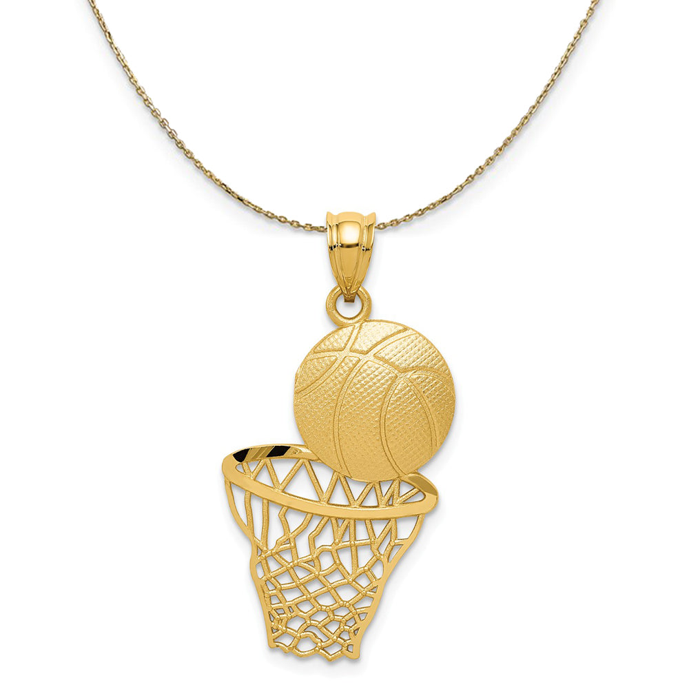 14k Yellow Gold Diamond Cut Basketball and Net Necklace, Item N23330 by The Black Bow Jewelry Co.