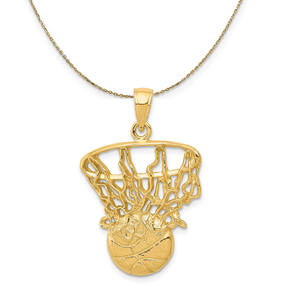 14k Yellow Gold Large Swoosh Basketball Through Net Necklace, Item N23332 by The Black Bow Jewelry Co.