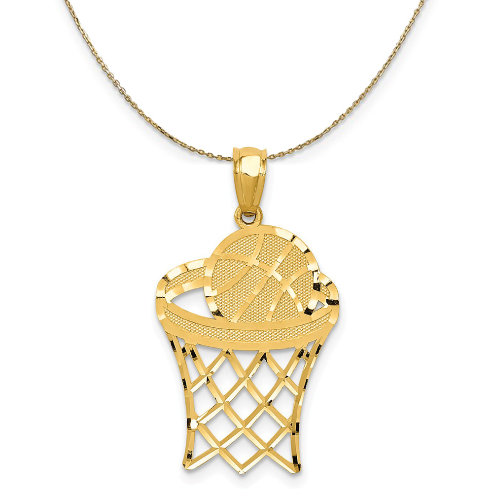 14k Yellow Gold Diamond Cut Basketball Hoop & Ball Necklace, Item N23334 by The Black Bow Jewelry Co.