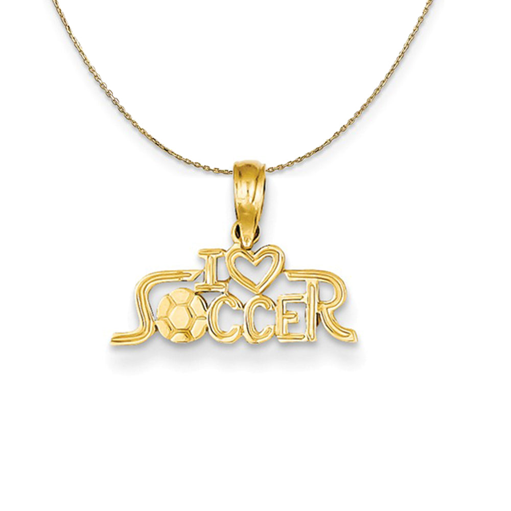 14k Yellow Gold Petite I Heart Soccer Script Necklace, Item N23353 by The Black Bow Jewelry Co.