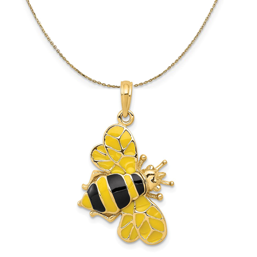 14k Yellow Gold and Enamel 3D Bumblebee Necklace Black Bow