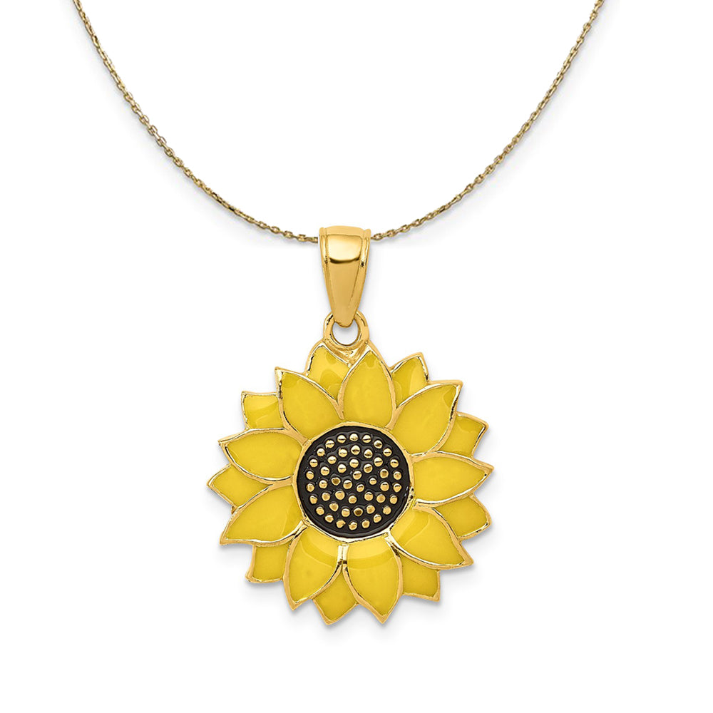 14k Yellow Gold 18mm Yellow Enameled Sunflower Necklace, Item N23446 by The Black Bow Jewelry Co.