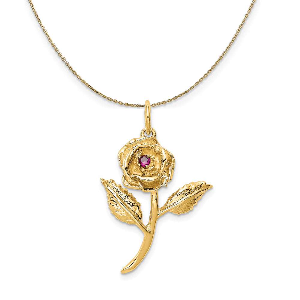 14k Yellow Gold Red Cubic Zirconia Accented 3D Rose Necklace, Item N23451 by The Black Bow Jewelry Co.