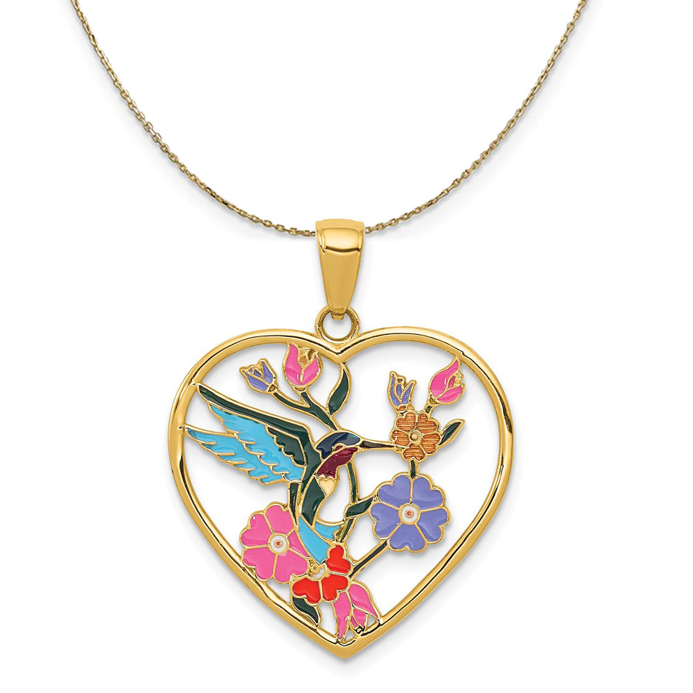 14k Yellow Gold 22mm Enameled Hummingbird Heart Necklace, Item N23476 by The Black Bow Jewelry Co.
