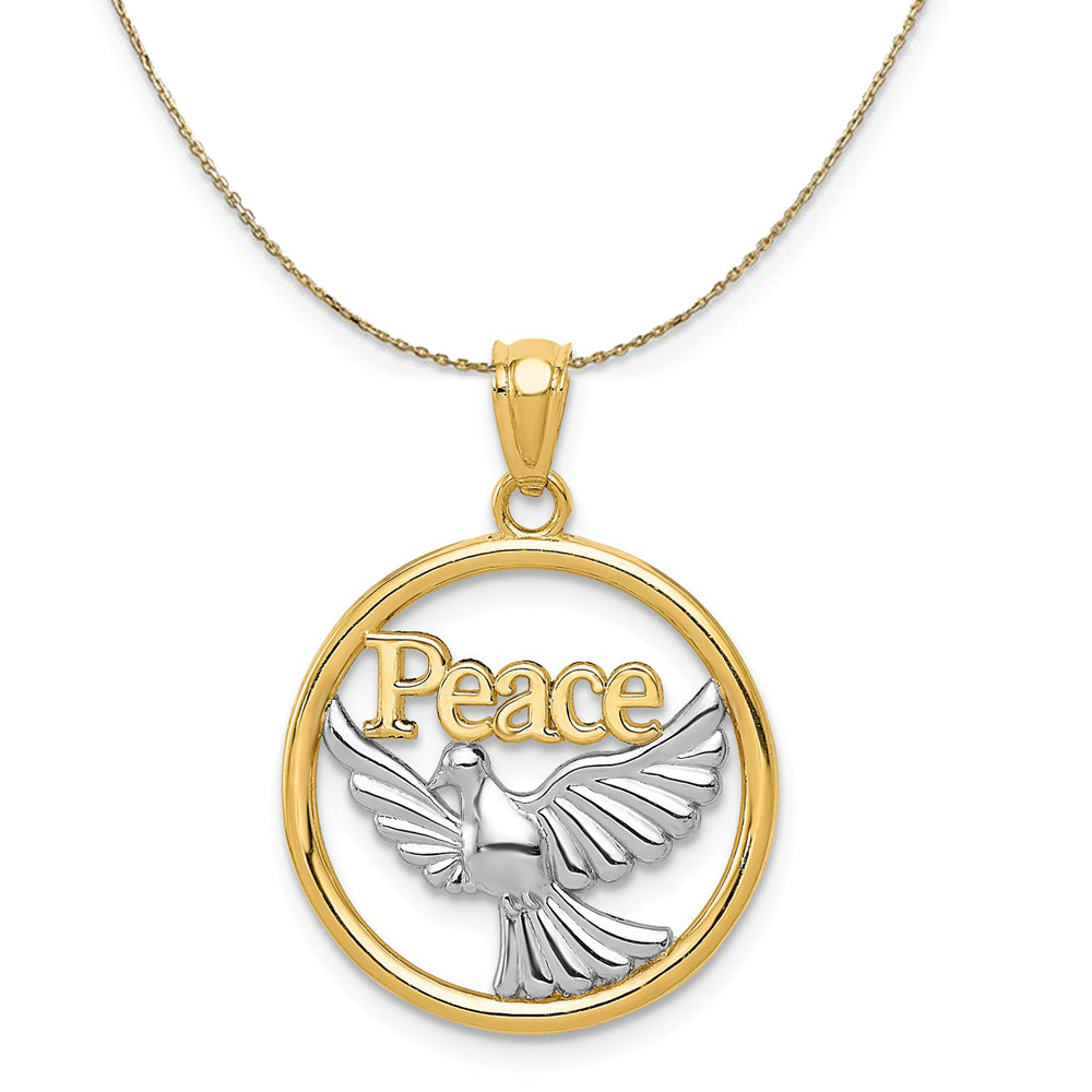 14k Yellow Gold & Rhodium 18mm Round Peace Dove Necklace, Item N23493 by The Black Bow Jewelry Co.