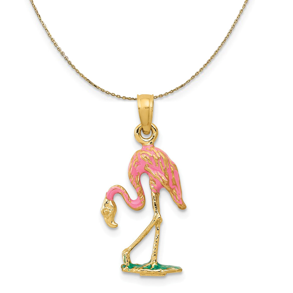 14k Yellow Gold and Enamel Small 3D Pink Flamingo Necklace, Item N23501 by The Black Bow Jewelry Co.