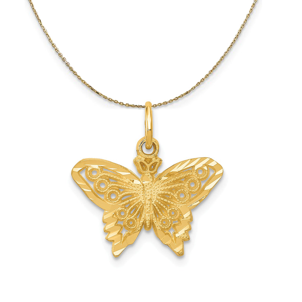 14k Yellow Gold Satin Diamond Cut Butterfly (17mm) Necklace, Item N23509 by The Black Bow Jewelry Co.