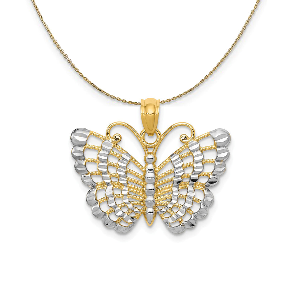 14k Yellow Gold & Rhodium 24mm Diamond Cut Butterfly Necklace, Item N23516 by The Black Bow Jewelry Co.