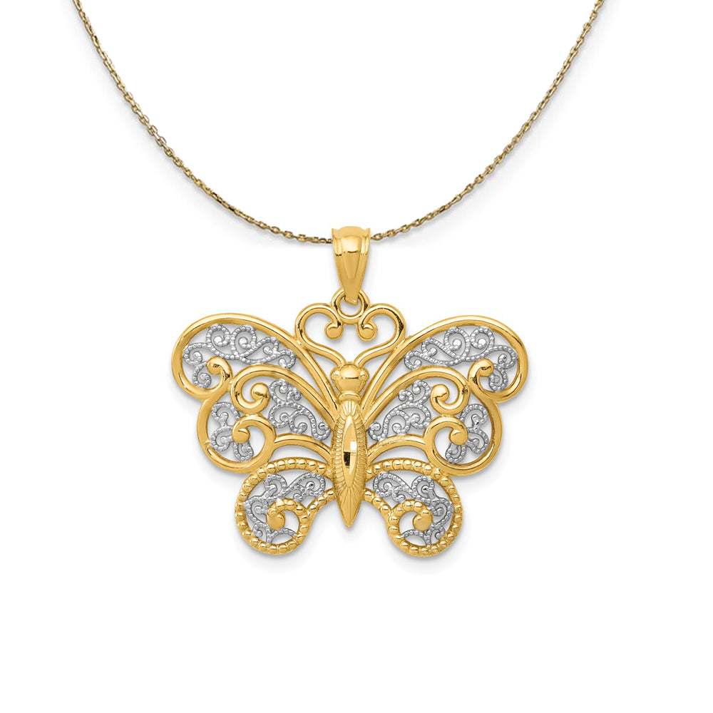 14k Yellow Gold and Rhodium Filigree Butterfly Necklace, Item N23518 by The Black Bow Jewelry Co.