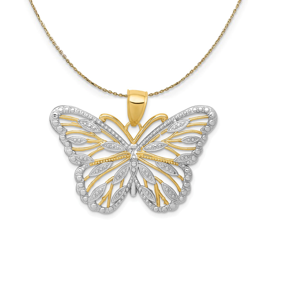 14k Yellow Gold and Rhodium Ornate Butterfly, 34mm Necklace, Item N23519 by The Black Bow Jewelry Co.