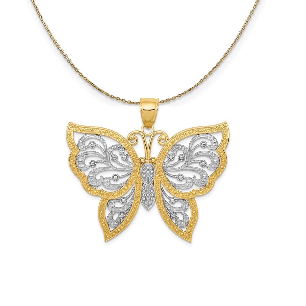 14k Yellow Gold & Rhodium 42mm Filigree Butterfly Necklace, Item N23520 by The Black Bow Jewelry Co.