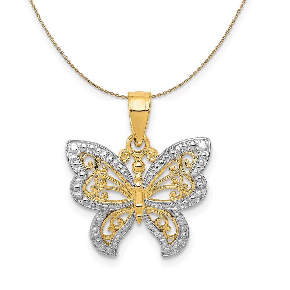 14k Yellow Gold and Rhodium Two Tone Butterfly, 17mm Necklace, Item N23521 by The Black Bow Jewelry Co.