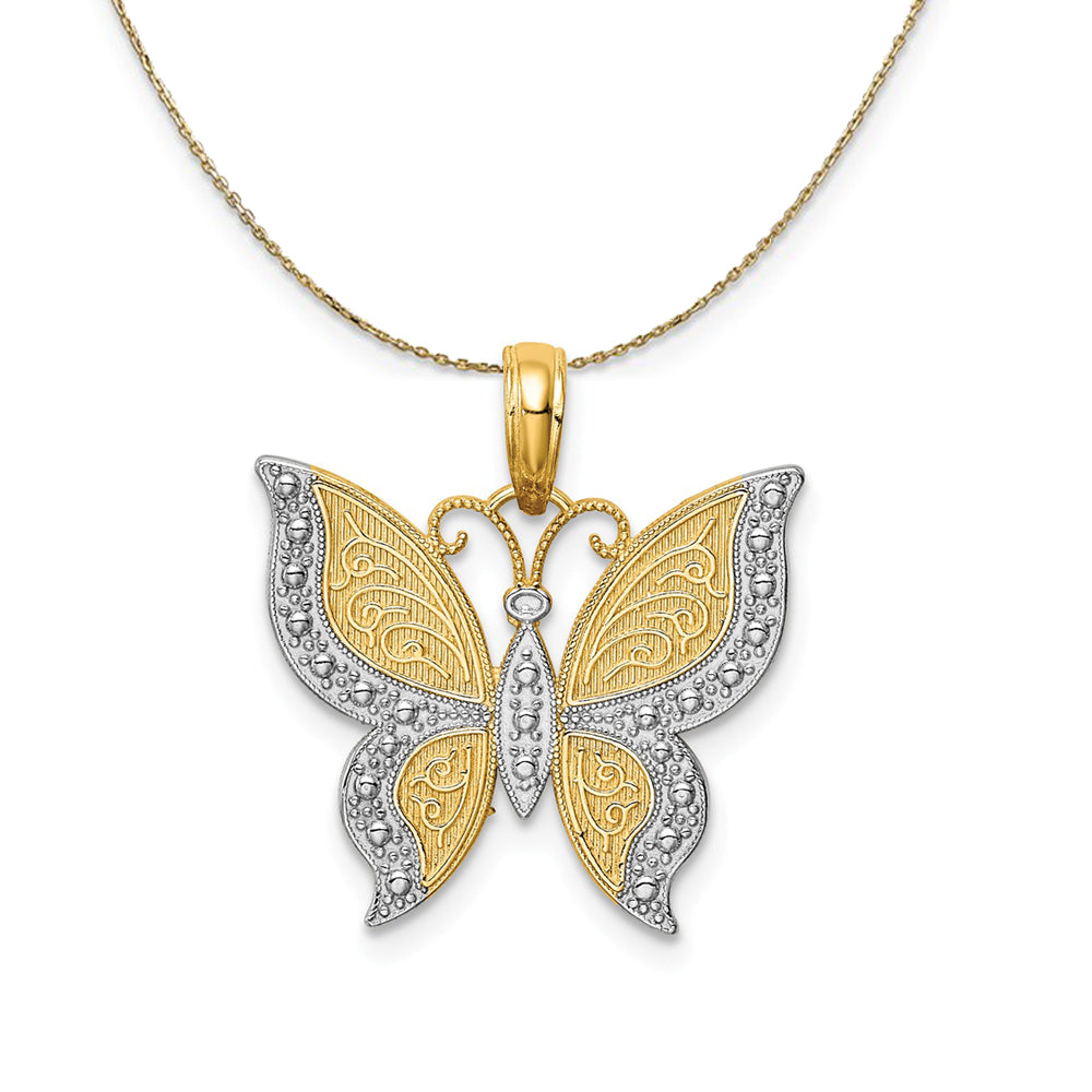 14k Yellow Gold and Rhodium Fancy Butterfly Necklace, Item N23525 by The Black Bow Jewelry Co.