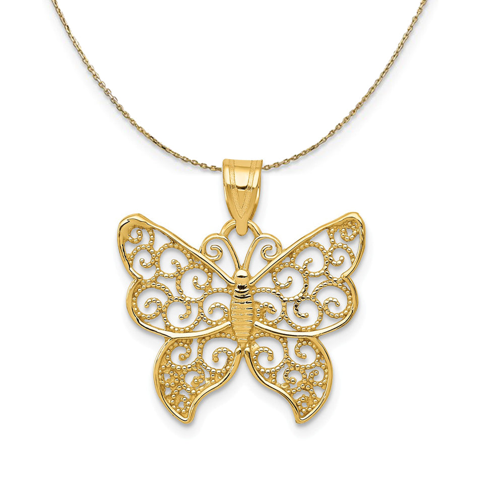 14k Yellow Gold Textured Filigree Butterfly Necklace, Item N23526 by The Black Bow Jewelry Co.