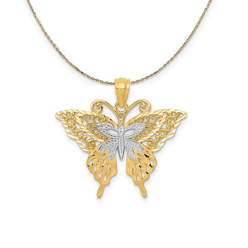 14k Yellow Gold and Rhodium Fancy Butterfly, 25mm Necklace, Item N23528 by The Black Bow Jewelry Co.