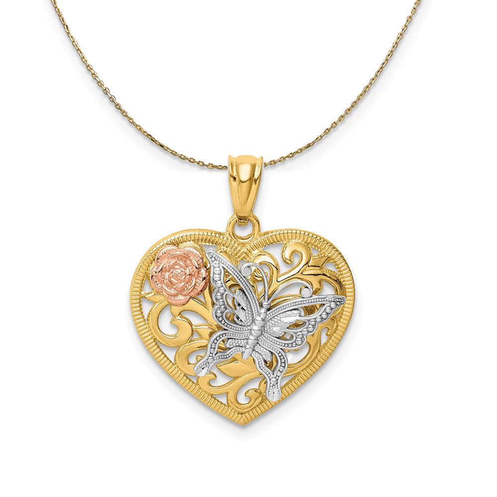 14k Yellow & Rose Gold Rhodium 19mm Heart Butterfly Necklace, Item N23530 by The Black Bow Jewelry Co.
