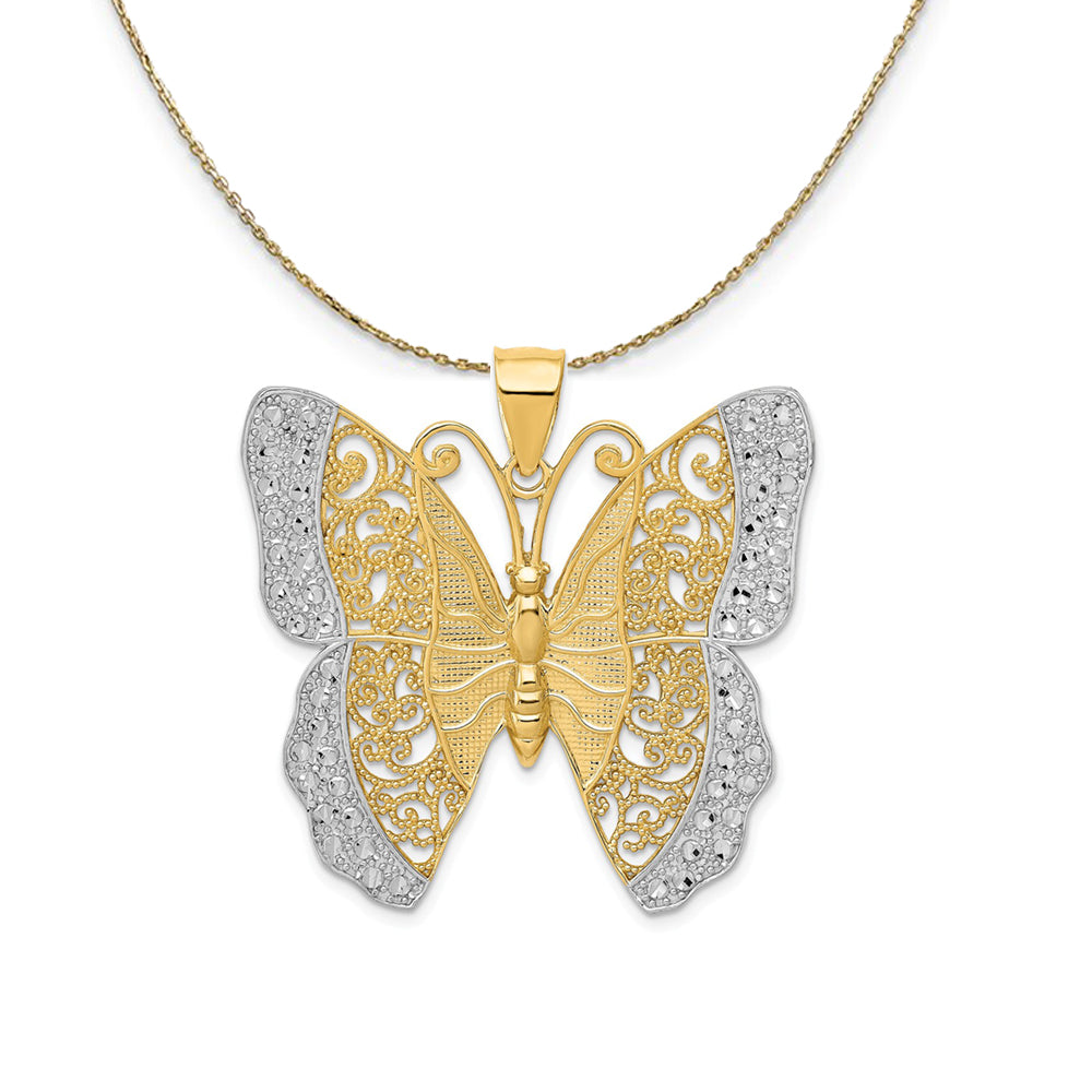 14k Yellow Gold & Rhodium 37mm Textured Butterfly Necklace, Item N23533 by The Black Bow Jewelry Co.