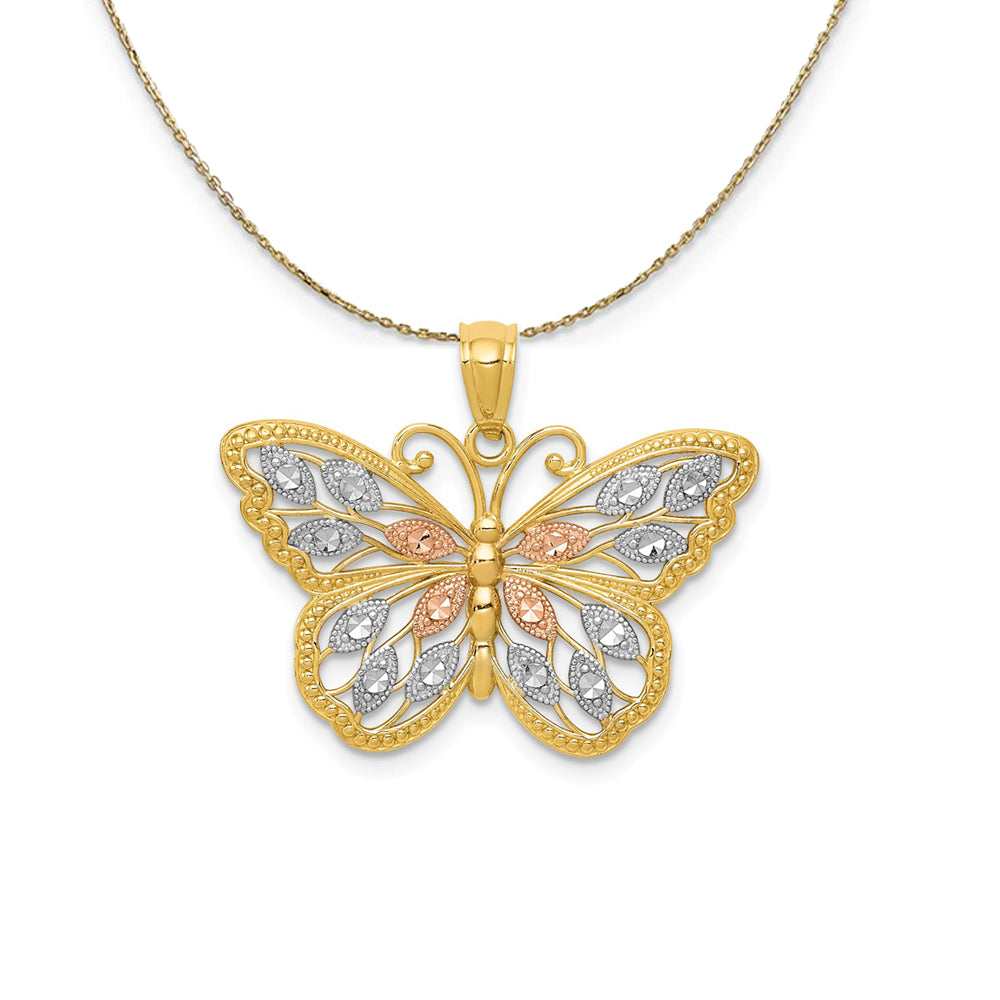 14k Yellow Gold with White & Rose Rhodium Butterfly Necklace, Item N23548 by The Black Bow Jewelry Co.