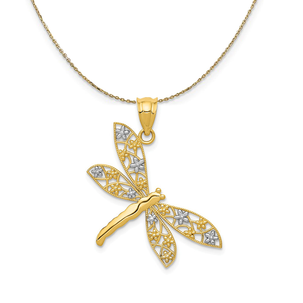 14k Yellow Gold &amp; Rhodium Floral Winged Dragonfly Necklace, Item N23554 by The Black Bow Jewelry Co.