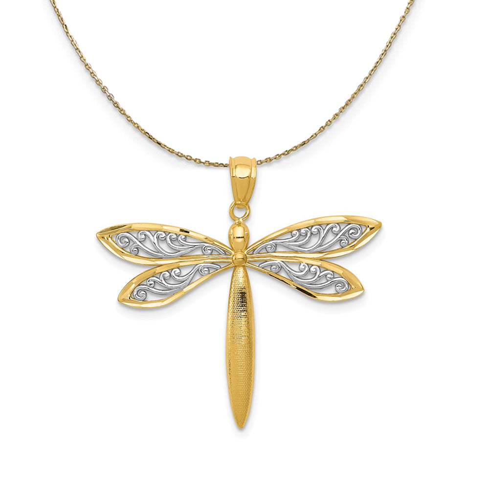 14k Yellow Gold & Rhodium 30mm Filigree Dragonfly Necklace, Item N23559 by The Black Bow Jewelry Co.