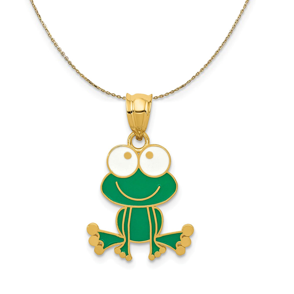 14k Yellow Gold Green and White Enamel Whimsical Frog Necklace, Item N23579 by The Black Bow Jewelry Co.