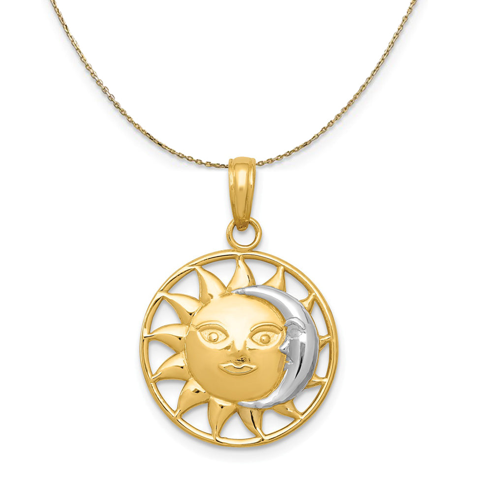 14k Yellow Gold & Rhodium 17mm Sun and Moon Circle Necklace, Item N23622 by The Black Bow Jewelry Co.