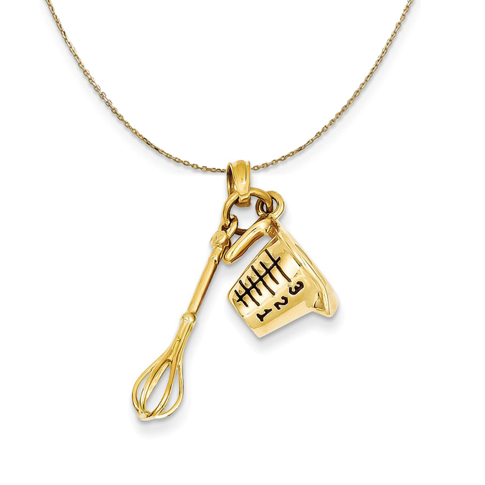 14k Yellow Gold and Enamel 3D Measuring Cup and Whisk Necklace, Item N23633 by The Black Bow Jewelry Co.