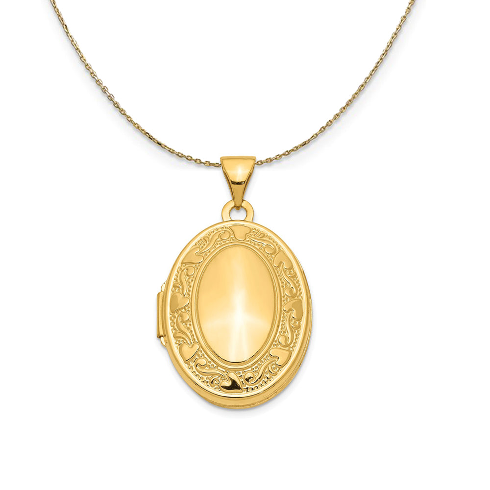 14k Yellow Gold 21mm Scroll Hearts Oval Locket Necklace Black