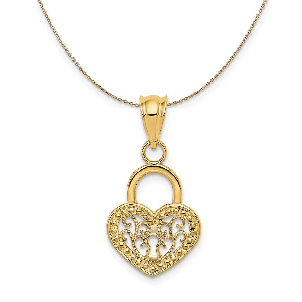 14k Yellow Gold Filigree Heart Key Hole Lock Necklace, Item N23752 by The Black Bow Jewelry Co.