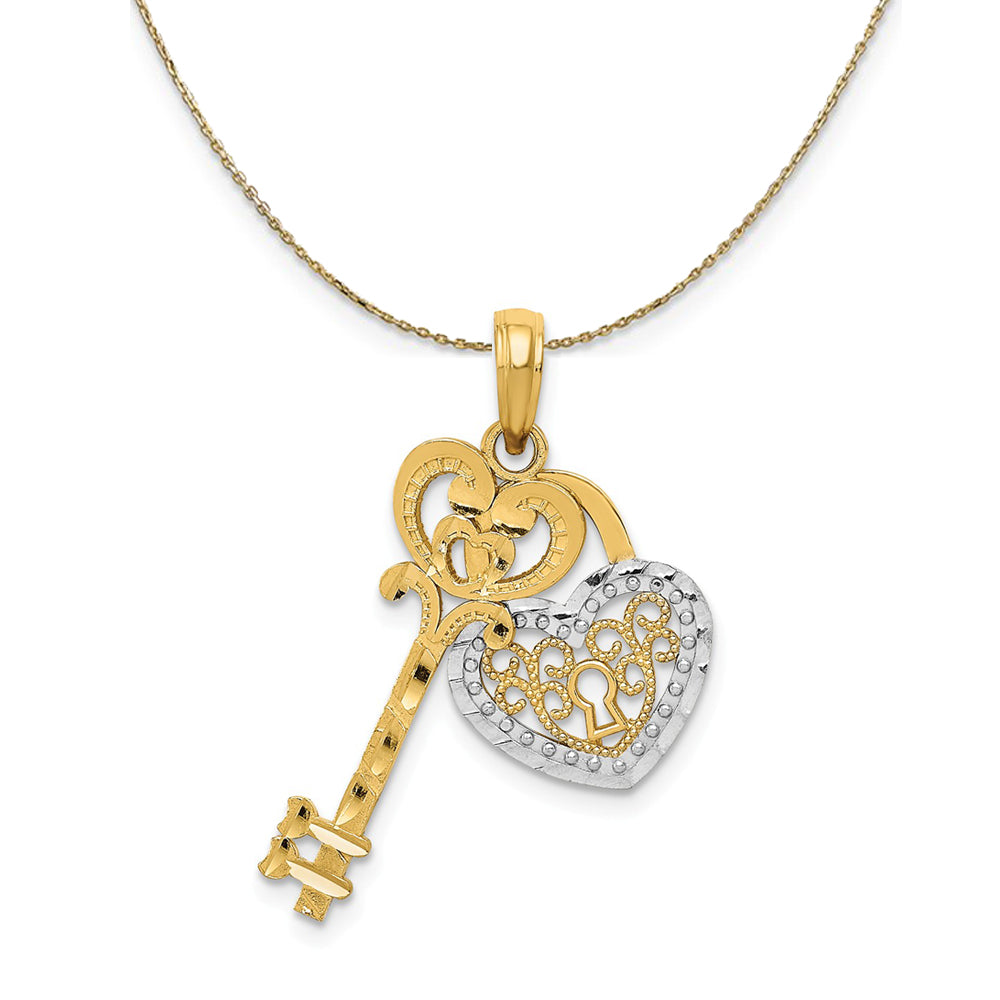 14k Yellow Gold & Rhodium Key and Heart Lock Necklace, Item N23753 by The Black Bow Jewelry Co.