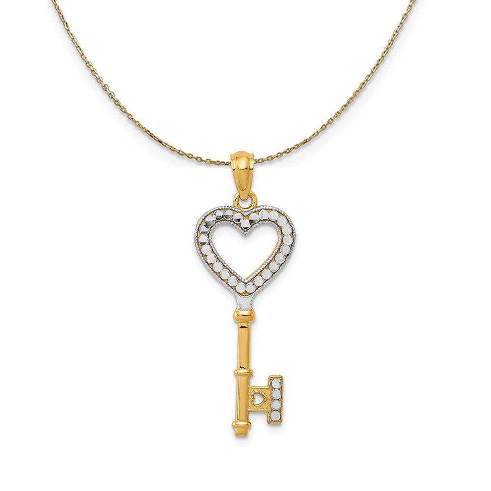 14k Yellow Gold and Rhodium Heart Key Necklace, Item N23766 by The Black Bow Jewelry Co.