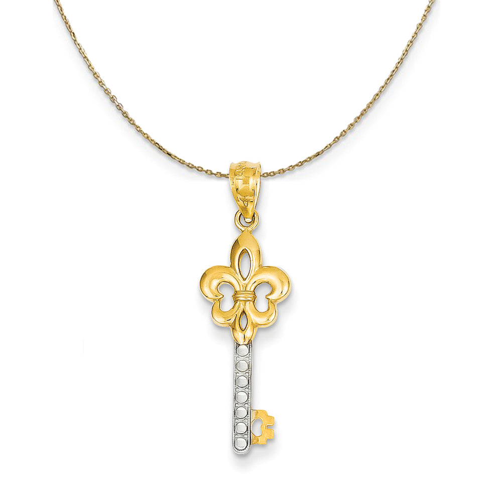 14k Yellow Gold and Rhodium Plated Fleur De Lis Key Necklace, Item N23782 by The Black Bow Jewelry Co.