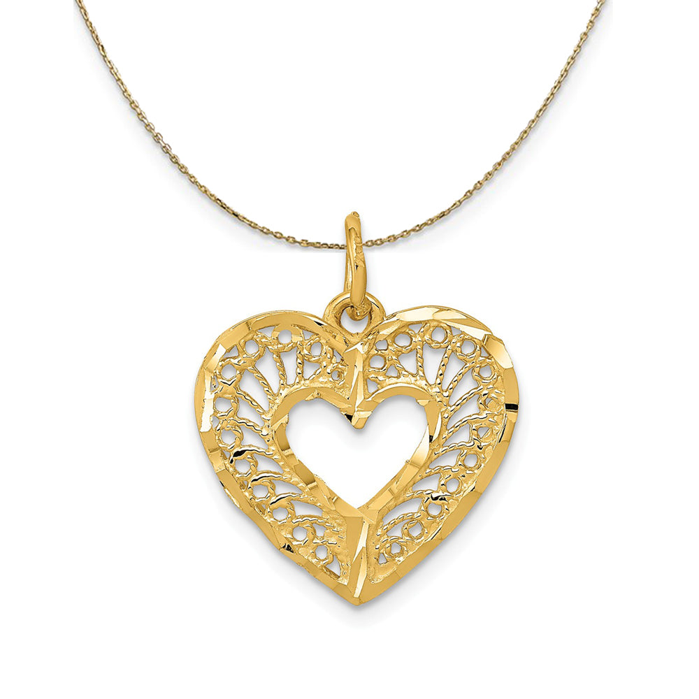 14k Yellow Gold Diamond Cut Filigree Heart (17mm) Necklace, Item N23792 by The Black Bow Jewelry Co.