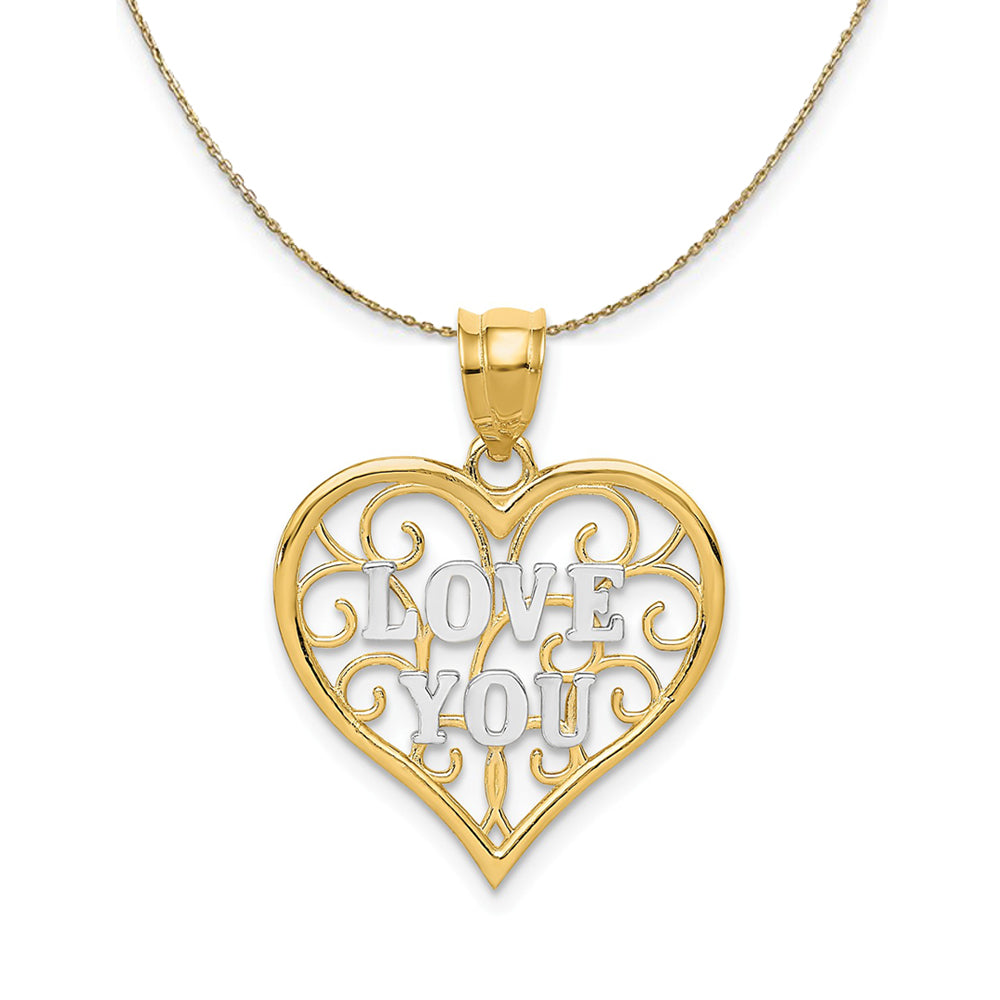 14k Yellow Gold and Rhodium Filigree Love You Necklace, Item N23797 by The Black Bow Jewelry Co.