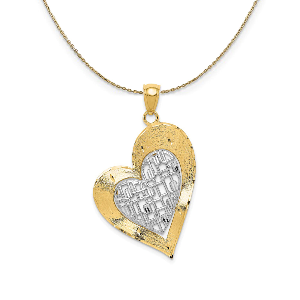 14k Two Tone Gold Satin and Diamond Cut Fancy Heart Necklace, Item N23807 by The Black Bow Jewelry Co.