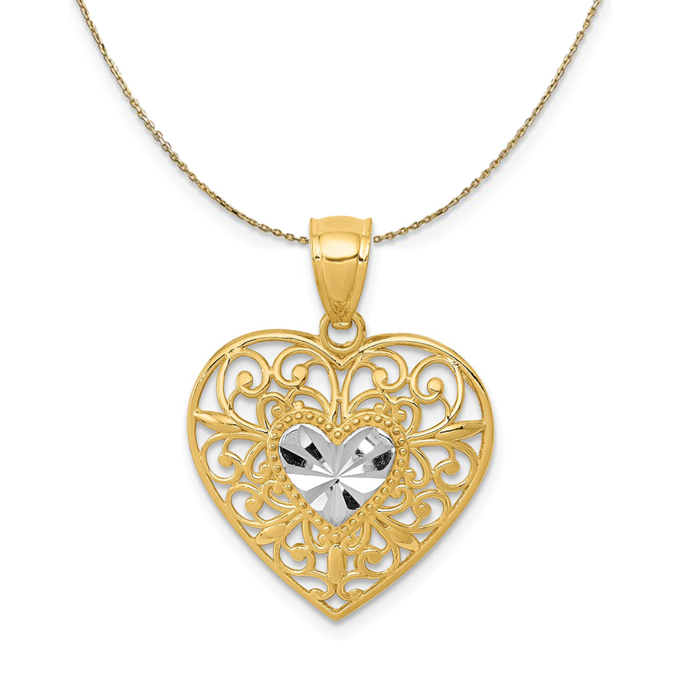 14k Yellow Gold and Rhodium Filigree Heart Necklace, Item N23809 by The Black Bow Jewelry Co.