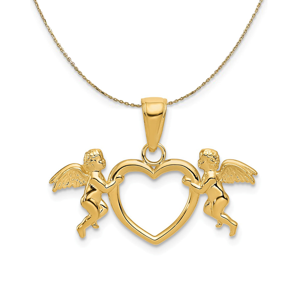 14k Yellow Gold Flying Cherubs Holding-Heart Necklace, Item N23813 by The Black Bow Jewelry Co.