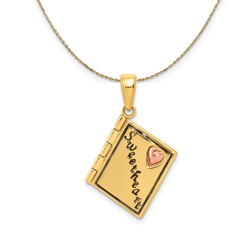 14k Two Tone Gold & Enamel Sweetheart Book Necklace, Item N23870 by The Black Bow Jewelry Co.