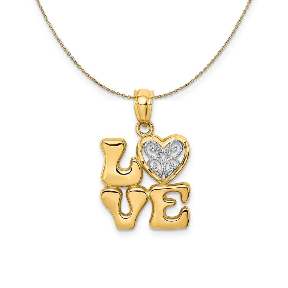 14k Yellow Gold with Rhodium Love with Heart Necklace, Item N23873 by The Black Bow Jewelry Co.